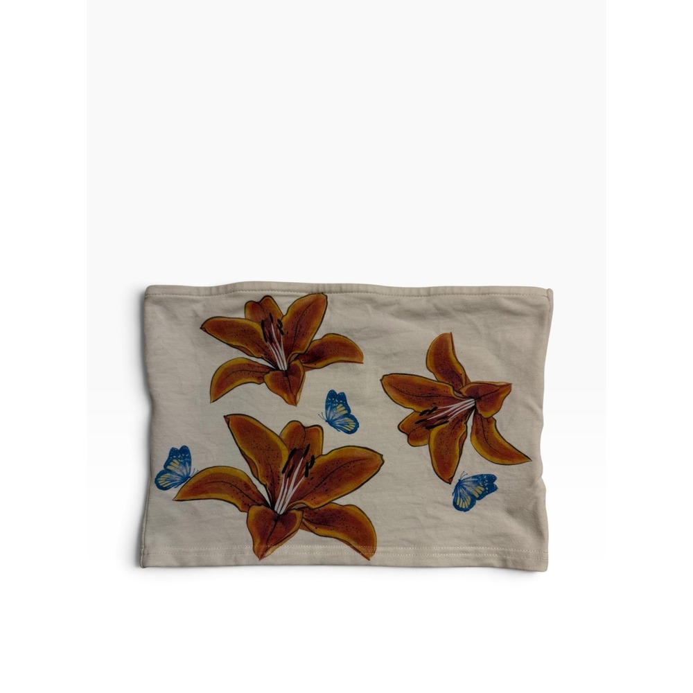 Edikted Floral Butterfly Tube Top Cream Orange Lily Strapless Crop Small
